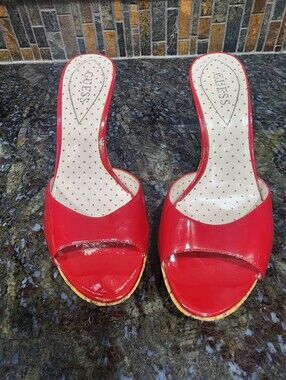 GUESS cherry Red 3.5 In Patent Leather Heels Hot Vintage Sz 6.5